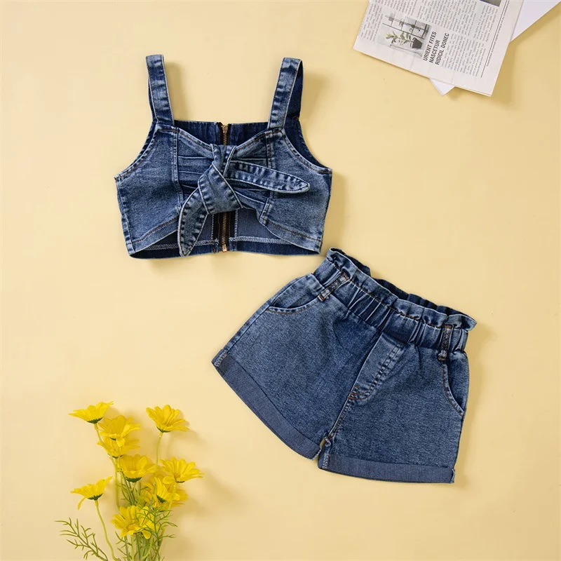 Fashion Toddler Baby Girls 2Pcs Summer Pants Set Sling Plain Camisole Ruffle Short Denim Pants Children Cozy Outfits Suit