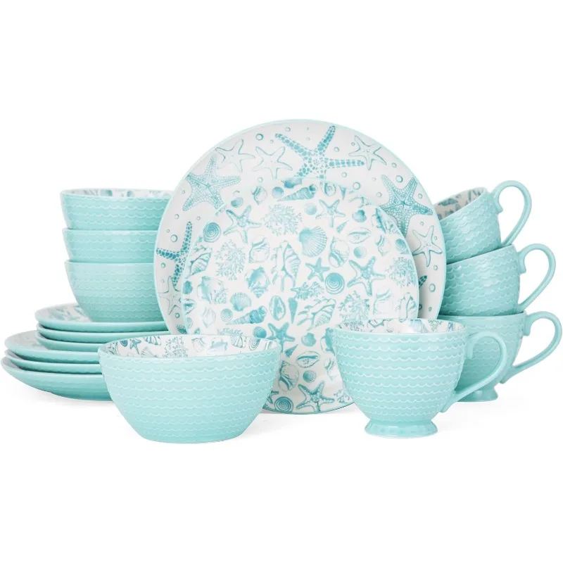 Pfaltzgraff Venice 16-Piece Stoneware Dinnerware Set, Service for 4, Aqua/White -