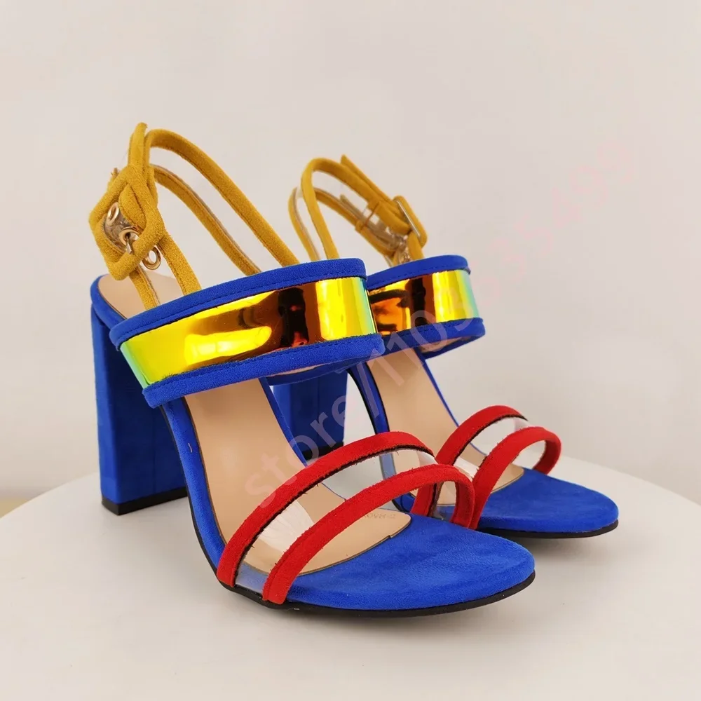 Sandalias multicolores de pasarela para mujer, sandalias abiertas con hebilla para fiesta, correas transparentes, tacón grueso, 2025
