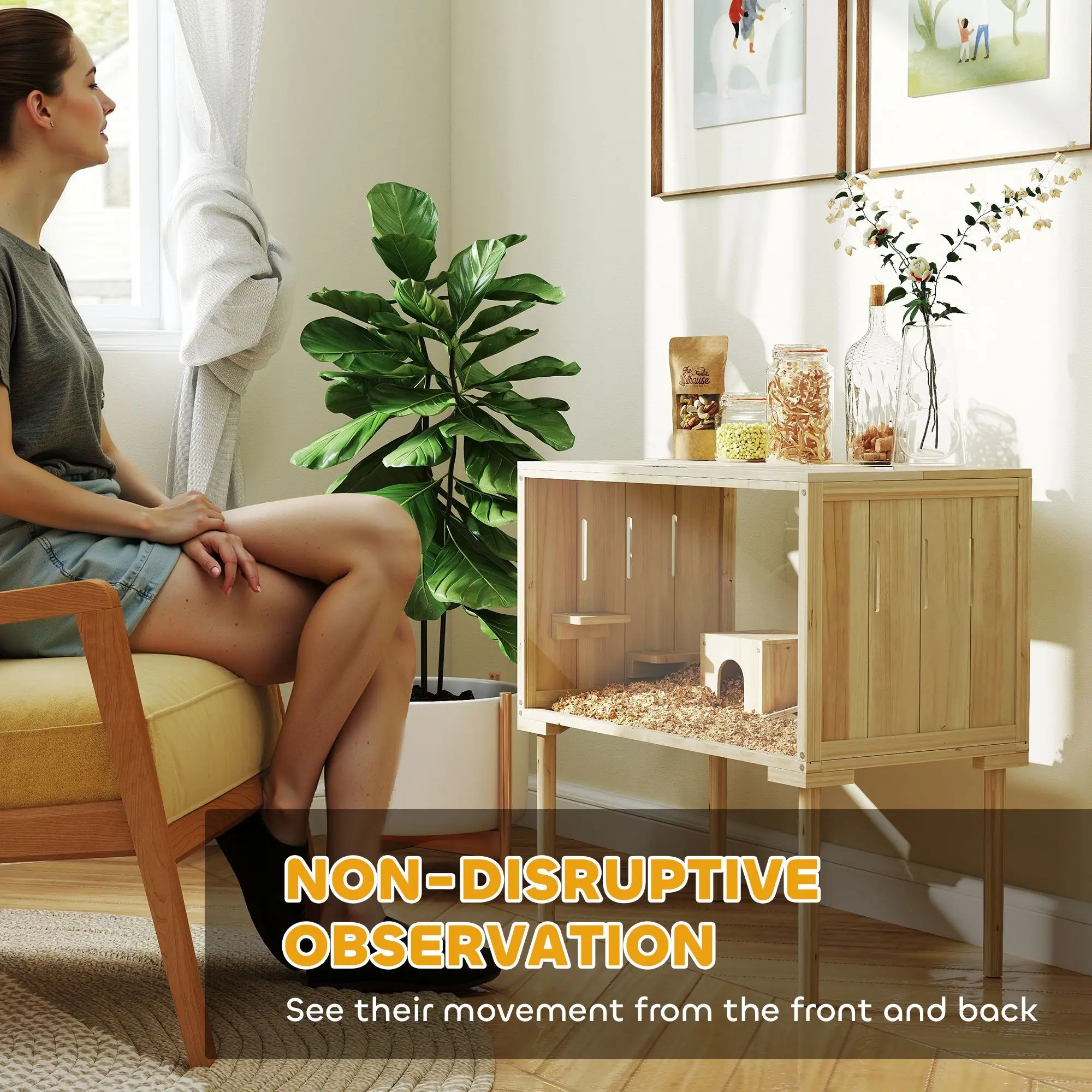 لقفص الهامستر الخشبي بأرجل، قفص جربيل لسرياني، قزم، فأر، 28 بوصة × 16 بوصة × 29.5 بوصة، خشب طبيعي #6