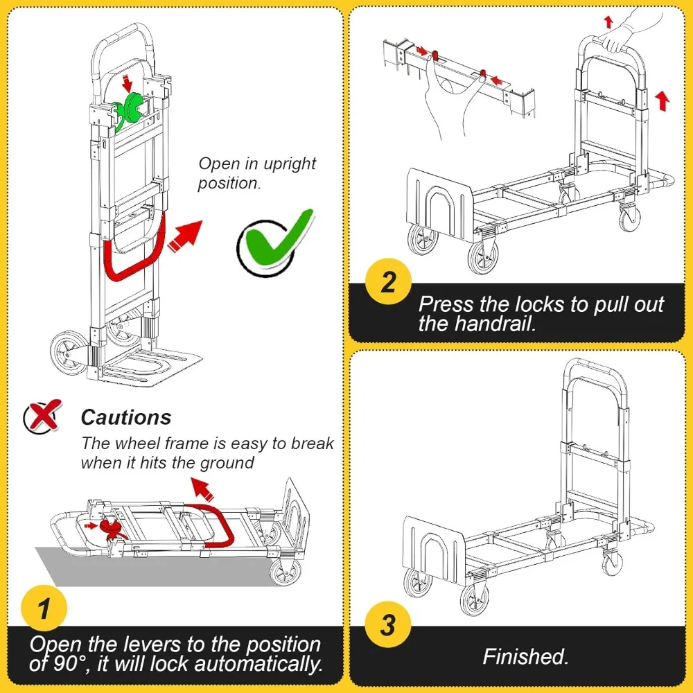 شاحنة يدوية من الألومنيوم 3 في 1 دوللي، عربة قابلة للطي شديدة التحمل بوزن 600 رطل مع عجلات عالمية، شاحنة يدوية قابلة للتحويل مع ربطة عنق #6