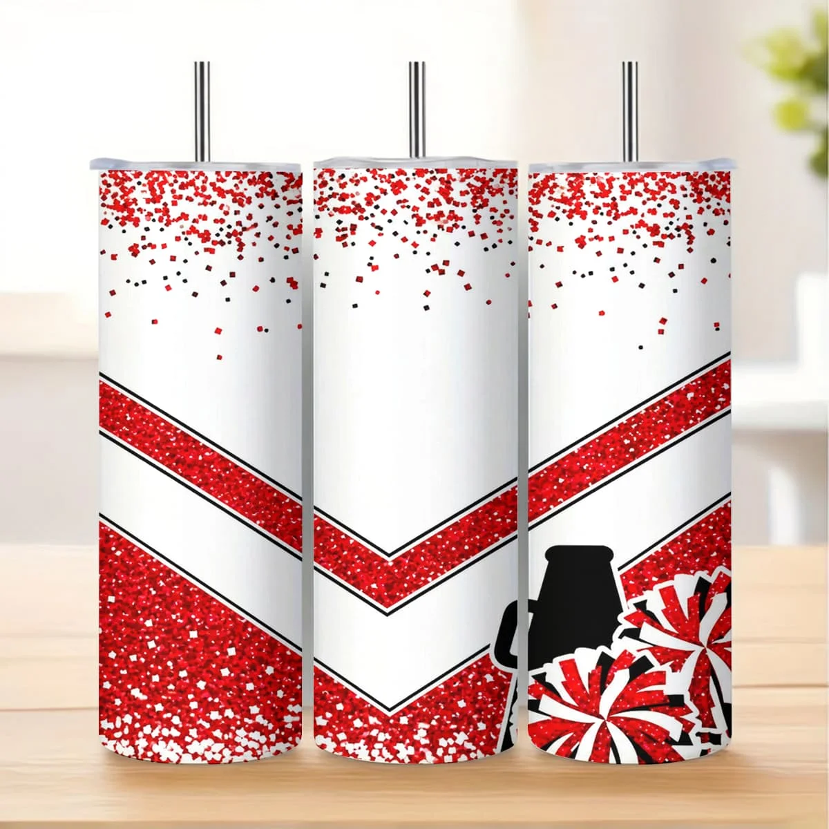 1pc 20Oz Red Glitter Chevron V-Shape with Pom-Poms Silhouette Stainless Steel Insulated Tumbler Coffee Office Travel Mug with Lid Cup Daily Use Leakproof And Keep Drink Hot And Cold Ideal Gift for Cheerleaders Friends Family on Holidays Or