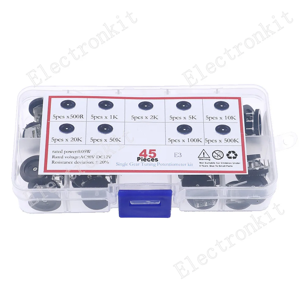 45pcs 3pin Gear tuning Single potentiometer kit B501 102 202 502 103 203 503 104 504 Dial Potentiometer Volume switch set