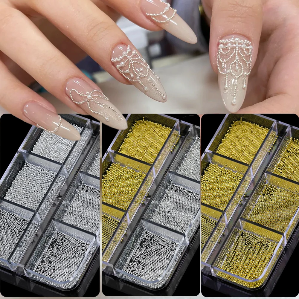 6 Grids Silver Gold Mini Caviar 3D Nail Stainless Beads 0.6/0.8/1mm Mixed Metal Steel Bead Nail Charms Metallic Ball Nail Decora