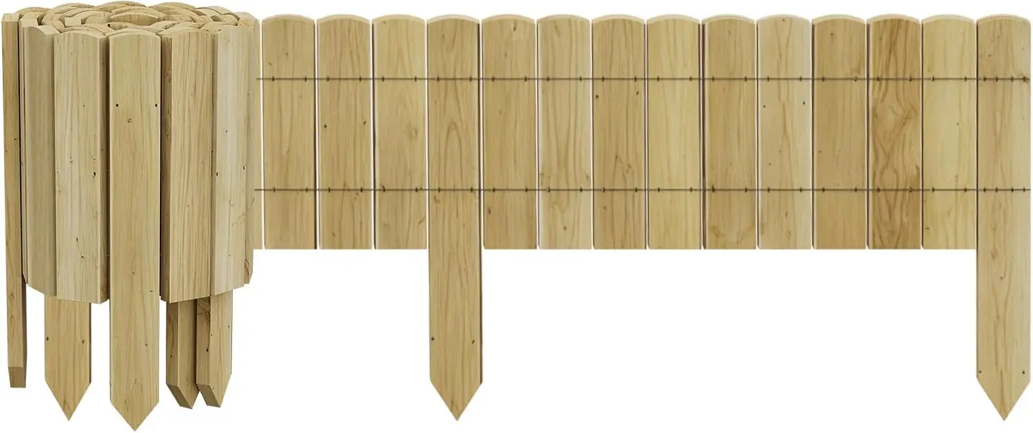 Bordo per prato in legno da 200 cm, bordo per giardino con picchetti, bordo avvolgibile sicuro per la falciatura, bordo per paesaggistica con picchetti, set di palizzate avvolgibili, recinzione