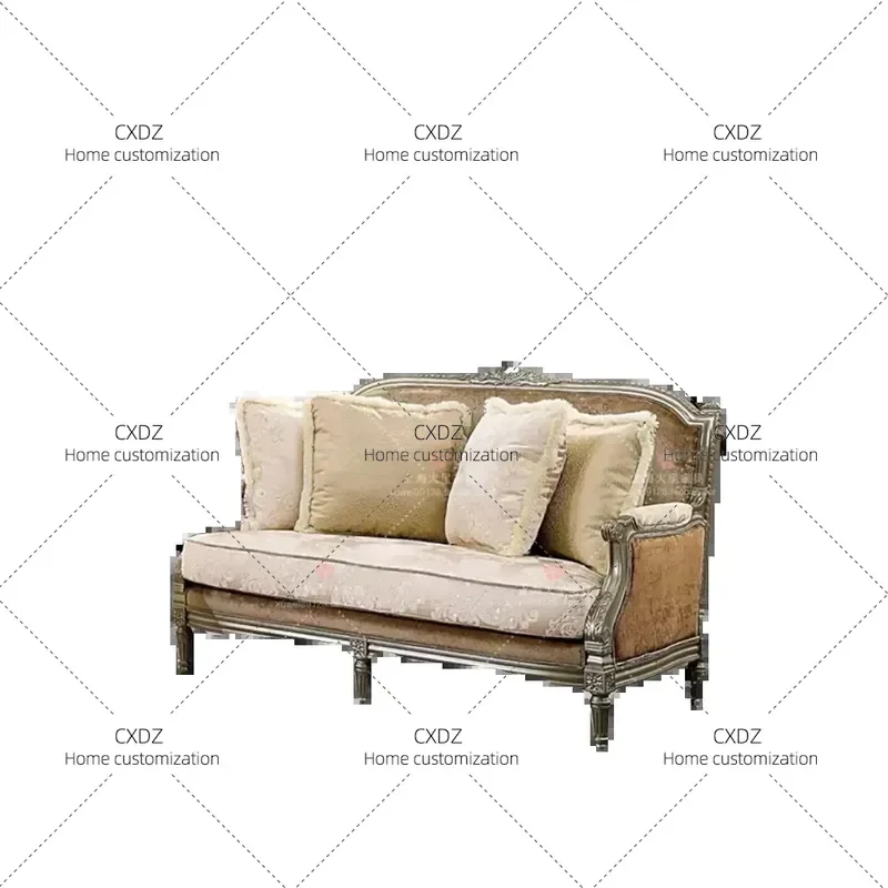 Solid Wood Carved Velvet Sofa Set Retro Light Luxury Fabric Living Room Furniture Three Seater Couch Home