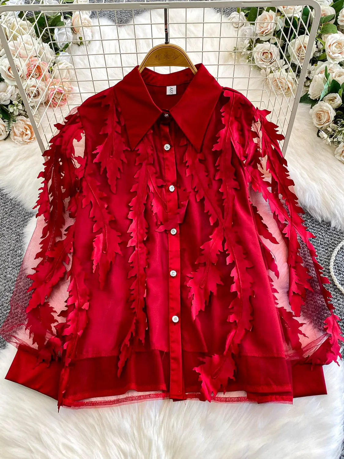 Ele diamant embelli ample femmes irt doux Sle Long Sve col rabat Design haut en filet pour l'automne hiver