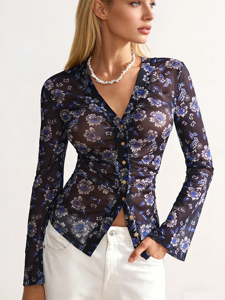 Nueva moda, blusa de gasa con estampado Floral para mujer, camisas de manga larga con una hilera de botones para mujer, Tops ajustados con cuello en V para mujer