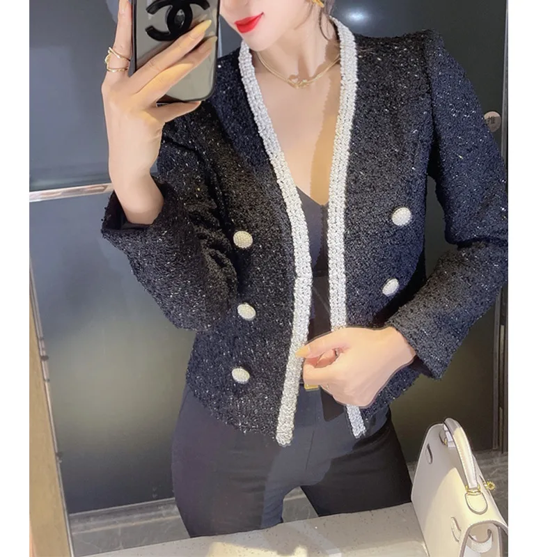 Winter New Fragrance Heavy Industry Slim Short Wool Black White Suit Coat Slim Fit Beads High Waist Blazers Fashion