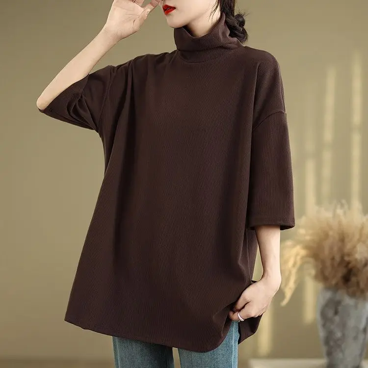 Cotton Plus Size Artistic Retro High Neck Base Shirt Women 2024 Autumn New Loose Fit Slimming Half Sleeved T-shirt for Women