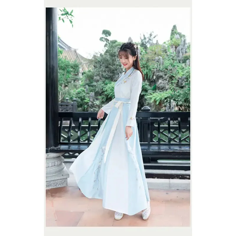 Hanfu الصينية الهانبوك الإناث زي الكبار طالب مينغ صنع تحسين الخصر طول ردائه اليومي طوق مجموعات فستان الحفلات