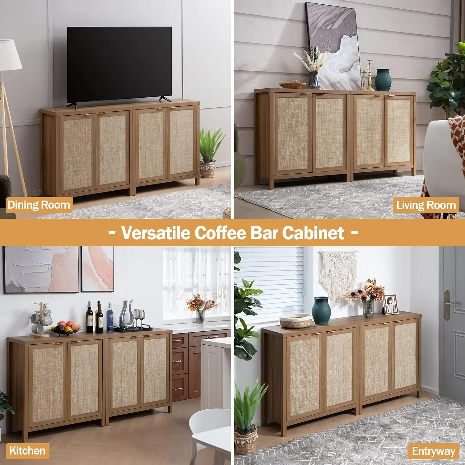 1/2/3pc Sideboard Buffet Cabinet,Farmhouse Coffee Bar Cabinet w/ Rattan Decorated Doors,Boho Chest Storage Credenza,3 Colors