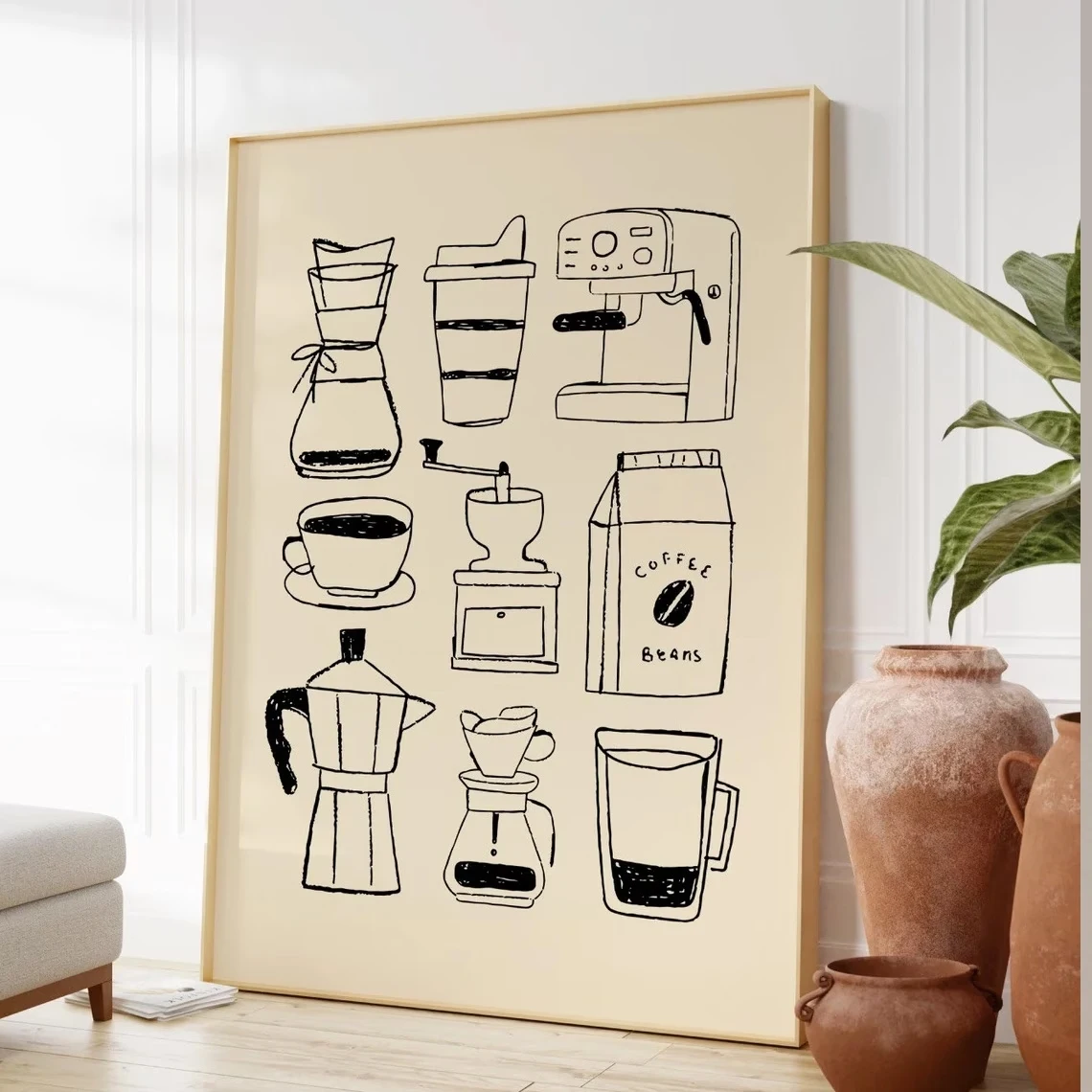 Minimalist Coffee Equipment Wall Art Print, Coffee Lover Canvas Poster, Modern Kitchen Cafe Wall Home Decor
