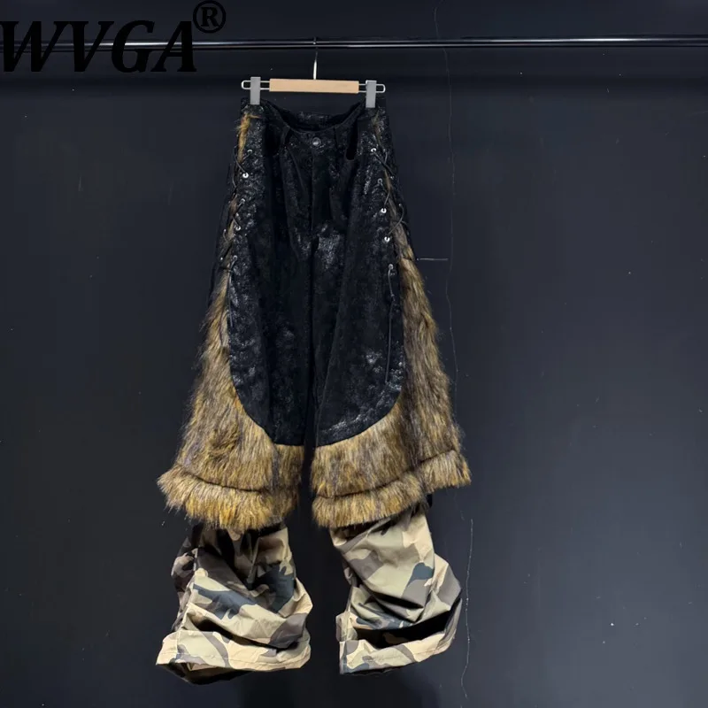 

WVGA осень-зима новые мужские уличные тяжелые плюшевые лоскутные модные нишевые шикарные повседневные широкие брюки в стиле панк Ins Y2K W13783