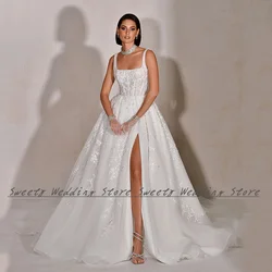 Ivory Sequin Applique Wedding Dress Customized Square Neck High Slit Sweep Train Backless Sexy Women Bridal Gown Vestido Novia