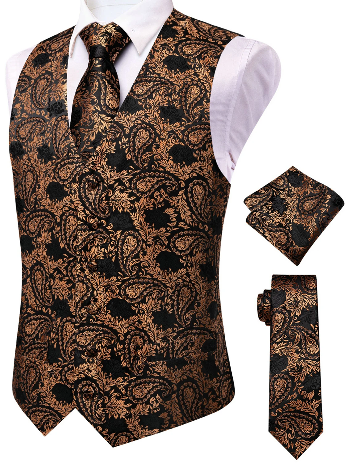 VERVEROW Luxury Men's Brown Paisley Jacquard Suit Vest Tie Pocket Squard Set Formal Wedding Party Tuxedo