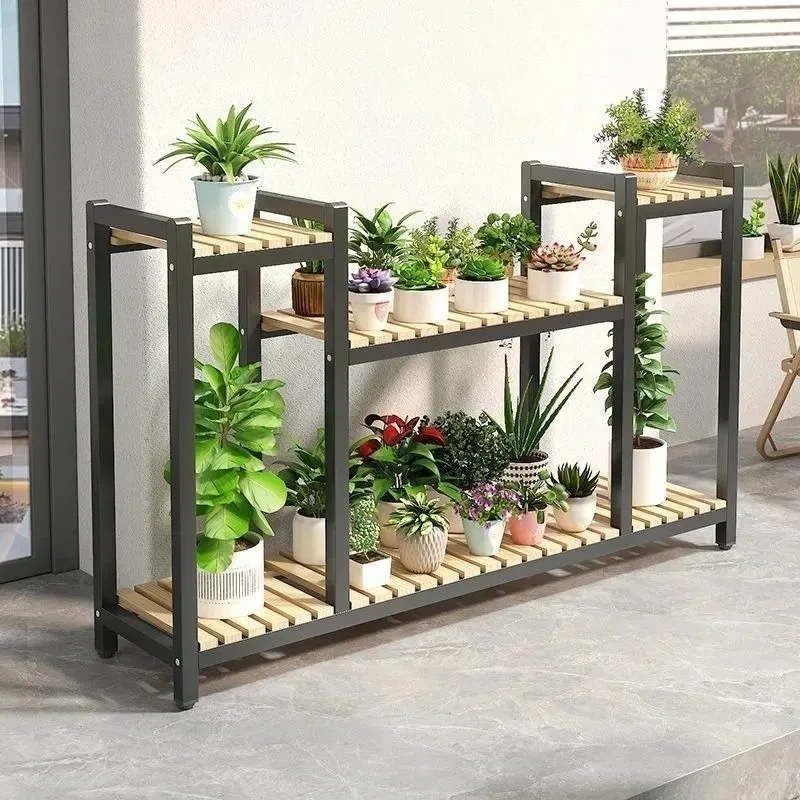 Iron Art Plant Stand – Creative Indoor & Outdoor Double-Layer Movable Flower Pot Rack with Solid Wood