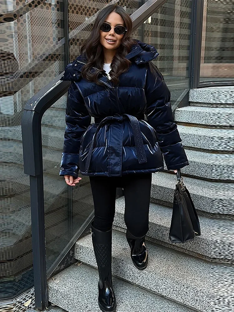 Shinny Hooded Cotton Padded Jacket For Women Loose Long Sleeve Lace Up Warm Coat 2025 New Lady Autumn Winter Party Outdoors