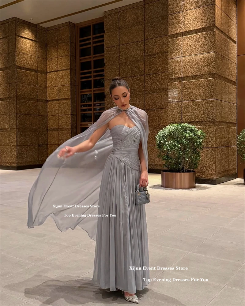 Xijun 우아한 쉬폰 롱 이브닝 드레스 스윗하트 A라인 케이프 프롬 드레스 플리츠 사우디아라비아 정장 프롬 가운 맞춤 제작