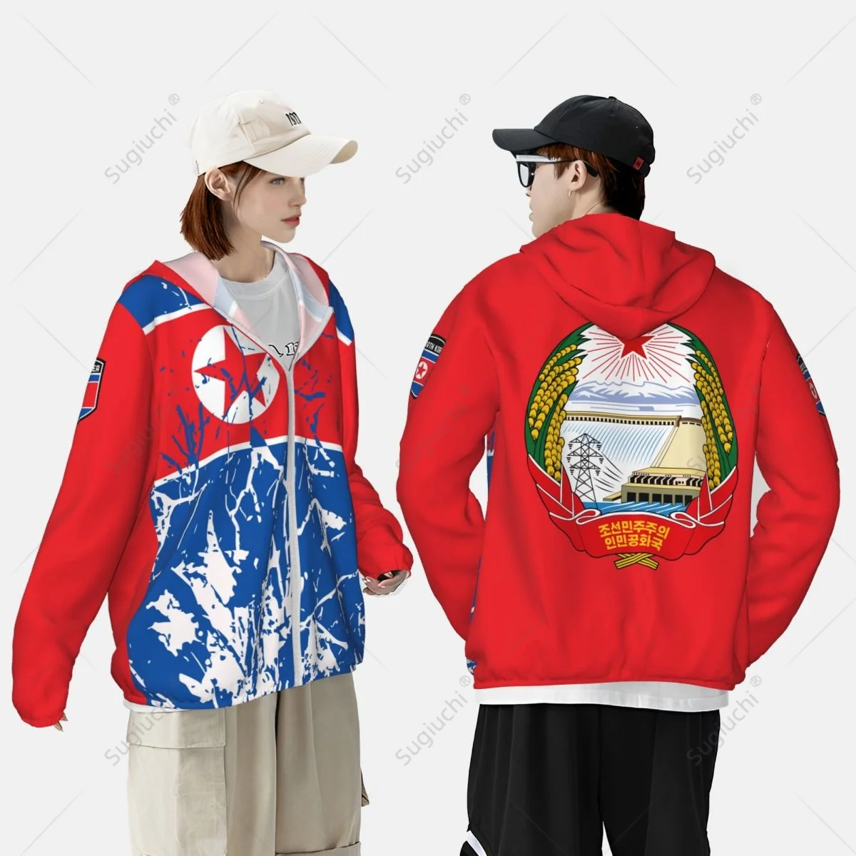 Sudadera con capucha de protección solar con bandera de Corea del Norte, ropa de protección solar, pesca, ciclismo, correr, secado rápido, manga larga con cremallera, poliéster