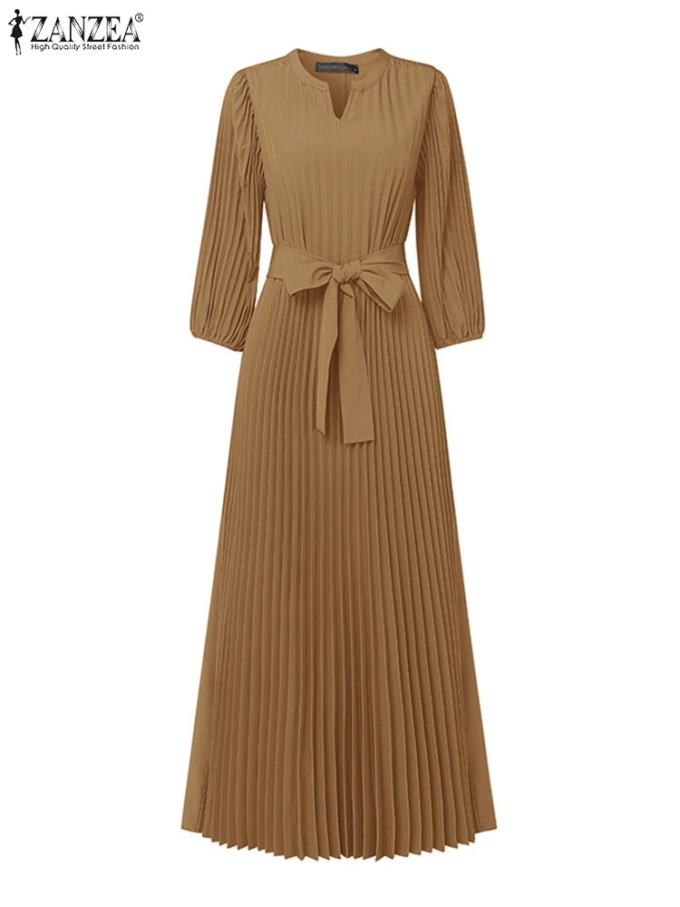 Elegante Maxi Vestito ZANZEA 2025 Donne di Estate 3/4 Manica Solido Pieghettato Con Scollo A V Lungo Vestito Estivo Cintura Casual Allentato Del Partito Abiti Robe