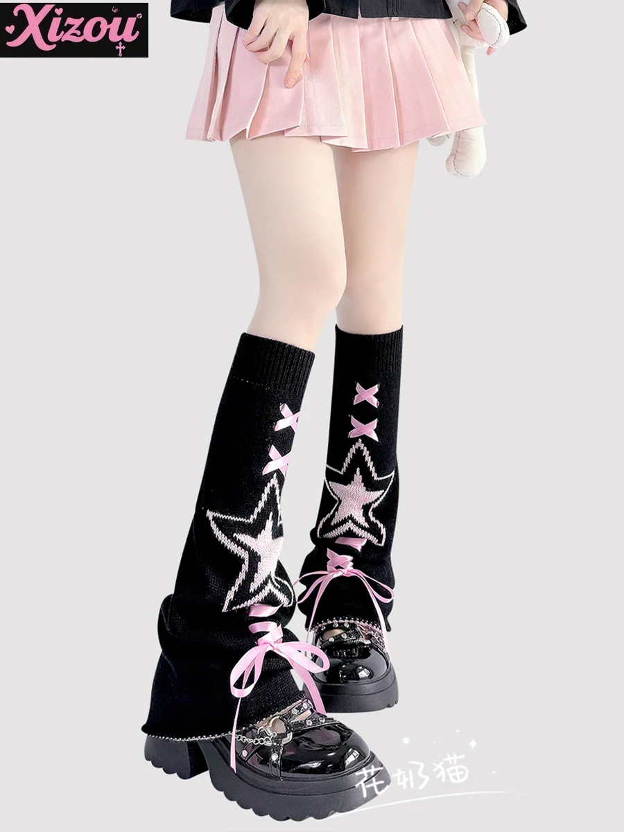 Personality Girl Y2K Subculture Leg Cover Female Hottie Japanese Black Pink Star Cross Strap Bow Lolita Stacked Sock Cover Women