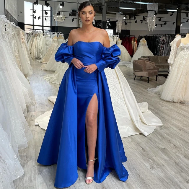 Elegant Royal Blue A Line Women Formal Dresses Evening Gown Vestidos De Fiesta Off the Shoulder Sexy Slit Satin Prom Dress Long AliExpress
