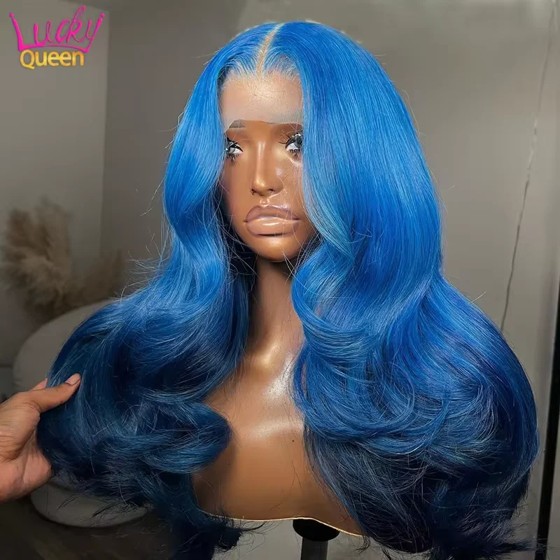 Ombre Blue Layer Body Wave 13X6 Frontal Human Hair Wig Dark Blue Transparent Lace Front Body Wave Wig Pre Plucked Hair For Women