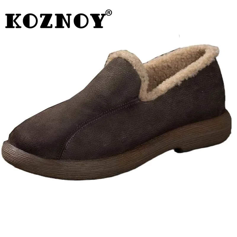 

Koznoy 3cm 2024 Cow Suede Genuine Leather Mary Jane Preppy Girl Winter Plush Warm Platform Wedge Ladies Slip on Comfy Fashion