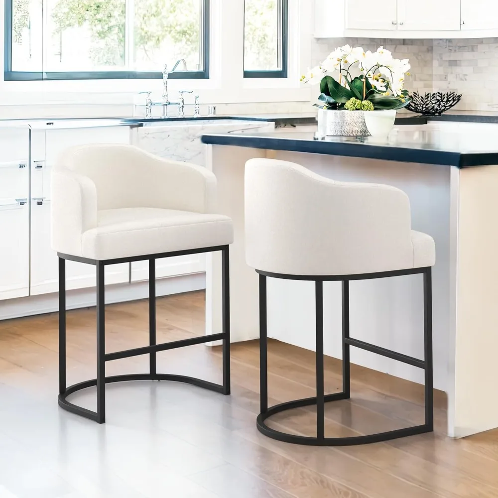 

27" H Counter Height Bar Stools Set of 2, Modern Counter Stools with Curved Backrest and Arms, Black Metal Frames, Linen Fabric