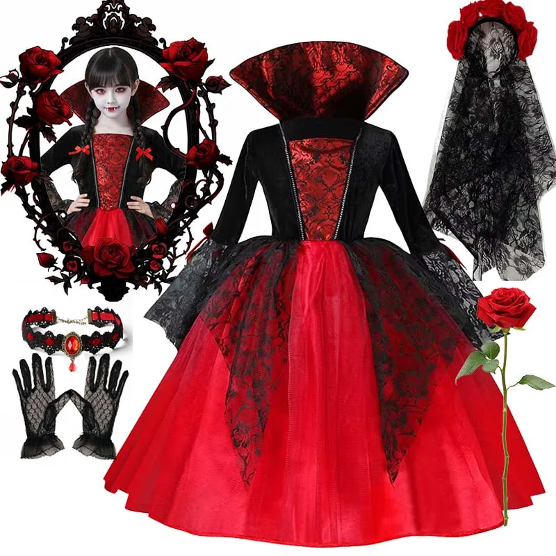 Halloween Girls Ghost Bride Costume Witch Vampire Tutu Dress with Wig Veil Gloves Jewelry Kids Party Cosplay Outfits