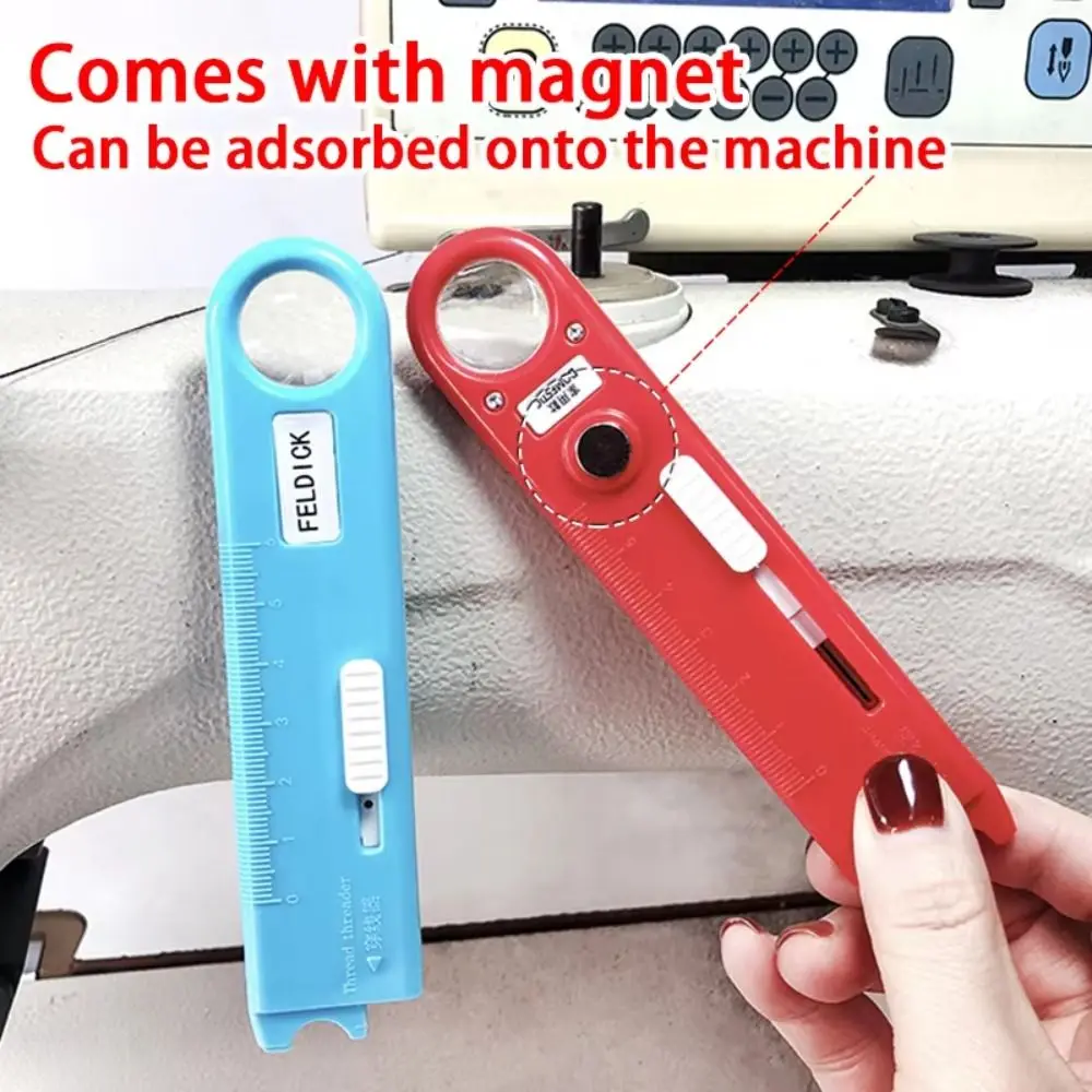 Multi-Functional Needle Threader Eye-Closed Automatic Fast Pass Sewing Machine Needle Threader with Magnifying Glass and Ruler