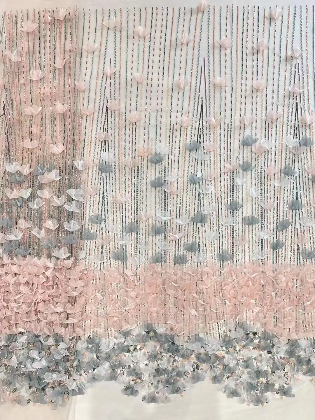 High Quality Fashion African Beaded Tulle Embroidery 3D Flower Sequins Lace Fabric for Wedding Dress Party Sewing