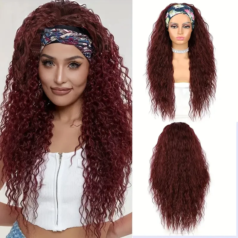 

Женский парик с глубокими волнами - бордовый красный синтетический парик с волнистыми волнами и повязкой на голову, отлично подходит для повседневной носки и вечеринки