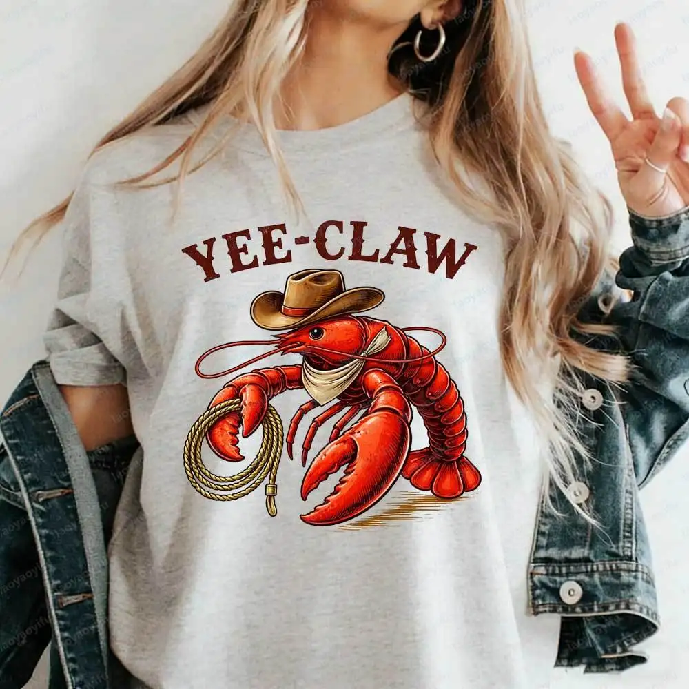 Yee-Claw Cowboy Lobster T-Shirt Funny Western Rodeo Crawfish Lasso Graphic Tee for Men Women Casual Short Sleeve Cotton Tops Tee
