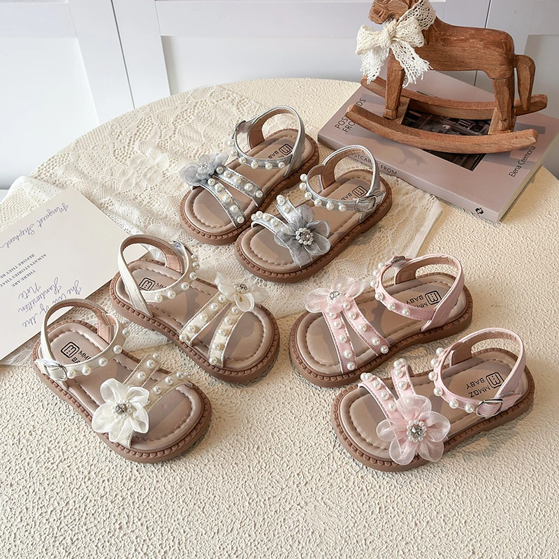 

Kid's Shoes Girls Summer Sandals Pearl Flower Decor Breathable Open Toe Beach Shoes Soft Sole Children's Casual Shoes 21-30