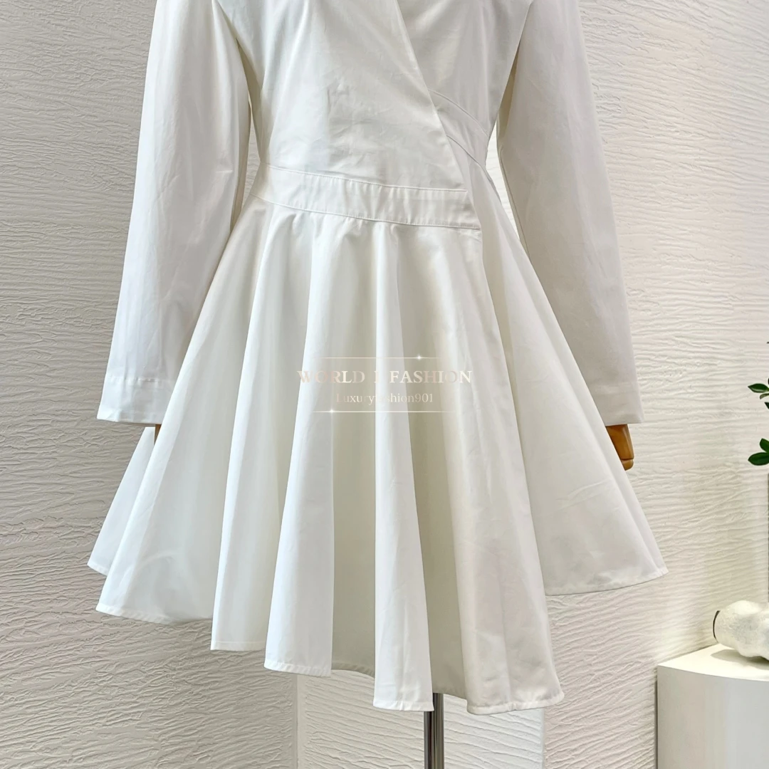 

Wome's White Long Sleeve V Neck Asymmetrical Shirred Mini Dress 2025 New
