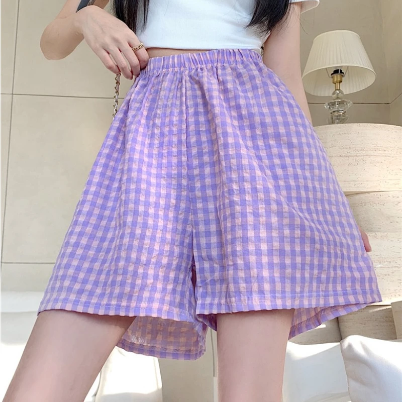 Summer 2024 New Plaid Shorts Women Korean Style Office Lady Loose Casual Thin Wide-legged Versatile Daily Short Pants Female