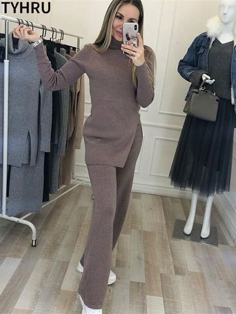 TYHRU autunno inverno donna tute per maglieria dolcevita Pullover maglione elastico in vita pantalone in due pezzi