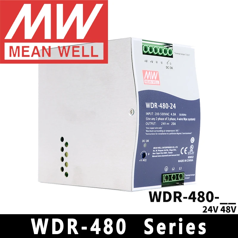 Mean Well WDR-480-24/48 meanwell AC/DC 24V/48V/480W 180-550VAC Input Single Output Industrial DIN RAIL Power Supply