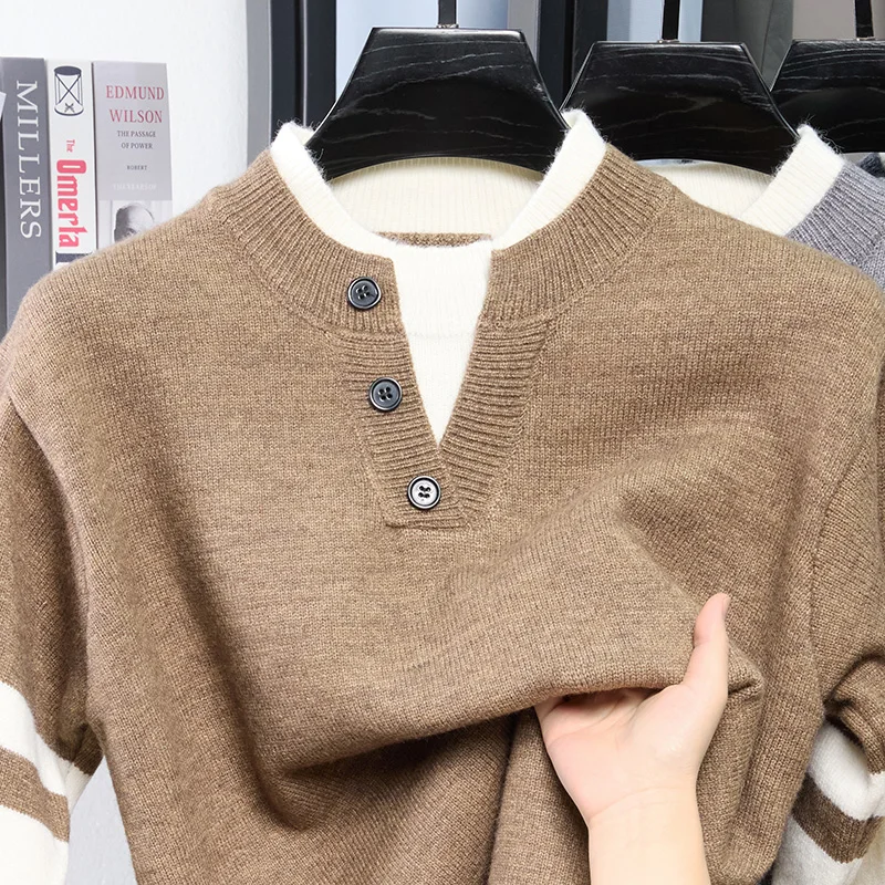 Amerikanischer Retro V-Ausschnitt Strickpullover für Herren, Neuheit 2026, Fake-Zweiteiler Gestreifter Kontrast-Pullover, Hochwertiges Casual-Oberteil – Detail 7