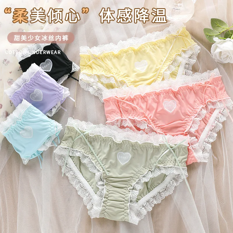 Soft Ice Silk Panties Female Lace Sexy Lingerie Girls Lolita Love Bow Panties Cute Candy Color Women\'s Briefs Solid Color Briefs