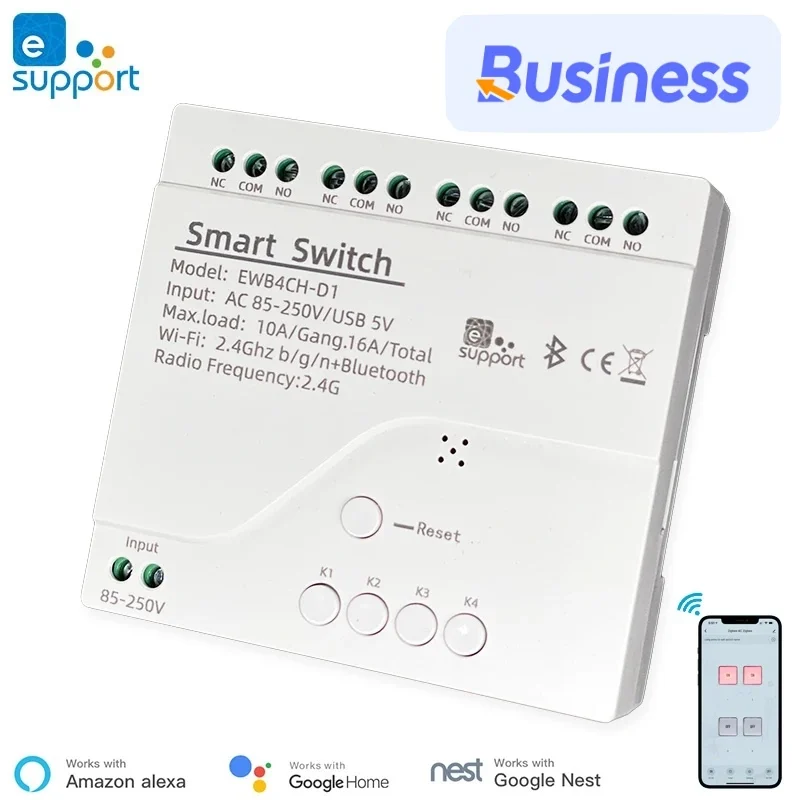 

eWelink 4 Channel Smart WiFi 85-250V Switch, Free APP Remote Control ,Bluetooth, Inching ,Self-lock ,Inter-lock,Works with Alexa