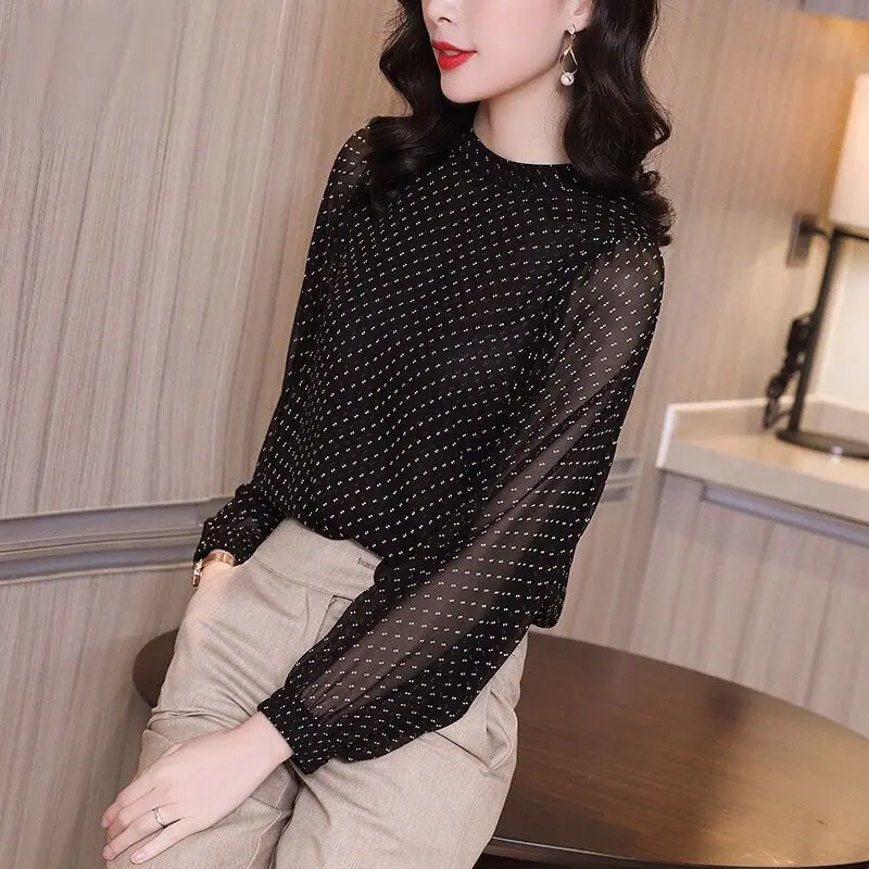 2024 Women\'s New Spring Autumn Solid Color Stand Collar Polka Dot Elegant Loose Casual Lantern Sleeve Commuter Chiffon Tops