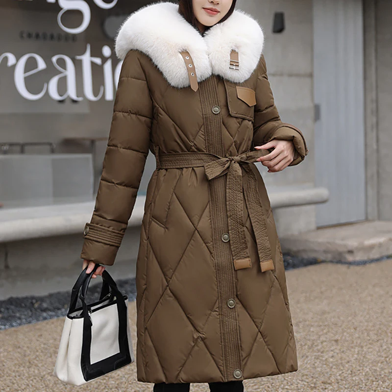 Fashion Warm Thickening Parkas Elegant White Collar Solid Slim Tie Up Waist Mid Length Coast Casual Autumn Winter 2023 Parkas