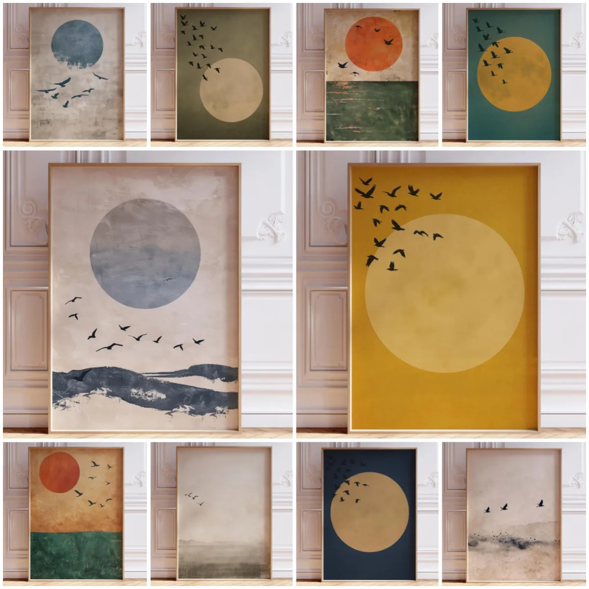 Japandi Poster Neutral Minimalist Art Print Japanese Wall Art Print Minimalistic Decor Print Orange Sun and Green Sea Scene A