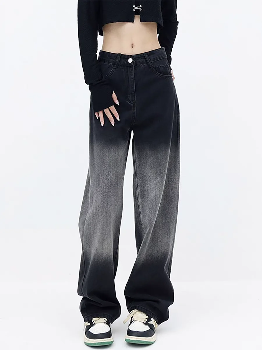 

Y2K Vintage Black Wash Jeans Women High Waist Slimming Straight Leg Pants Gradient Faded Wide Leg Trousers for Autumn