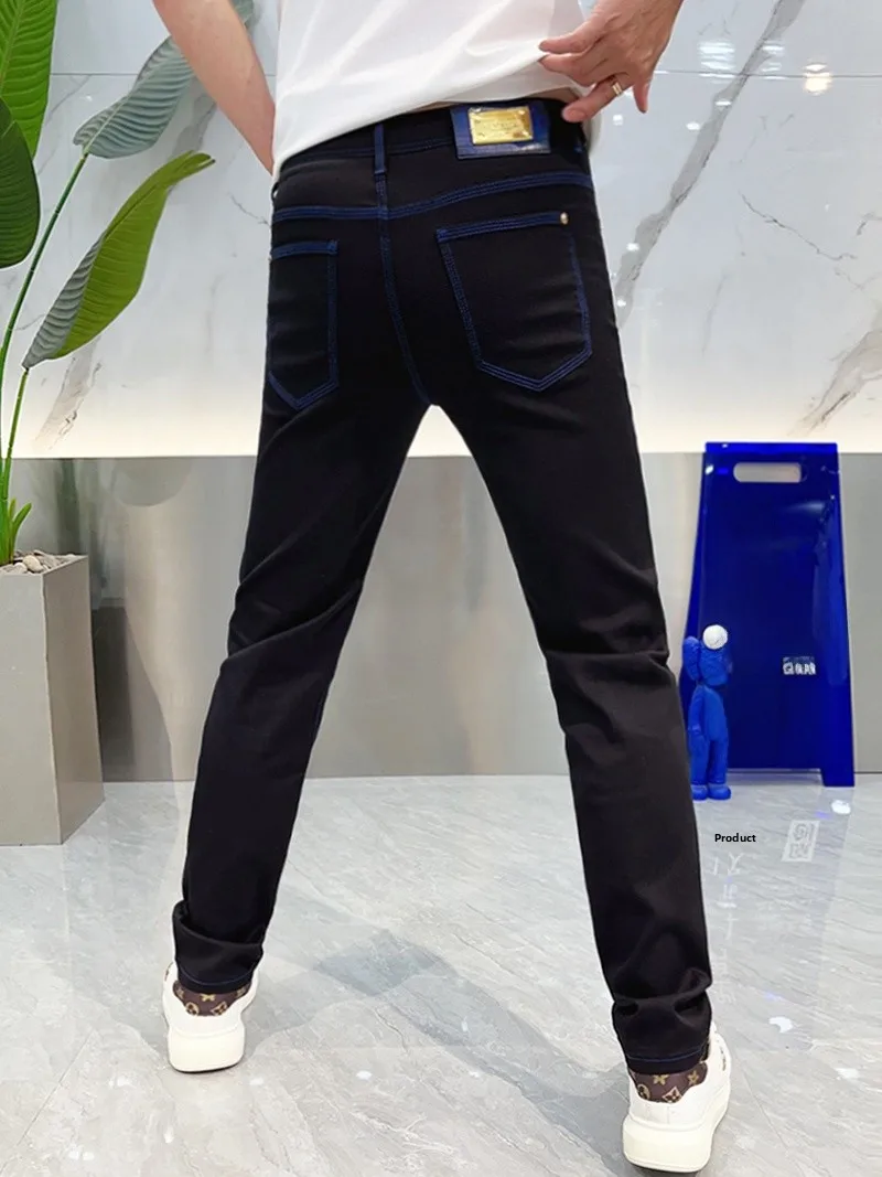

Slim Fit Bla Denim Jeans Men's Faionable Summer Trendy Brand Thin Elastic Long Pants Casual Breathable Water Waed