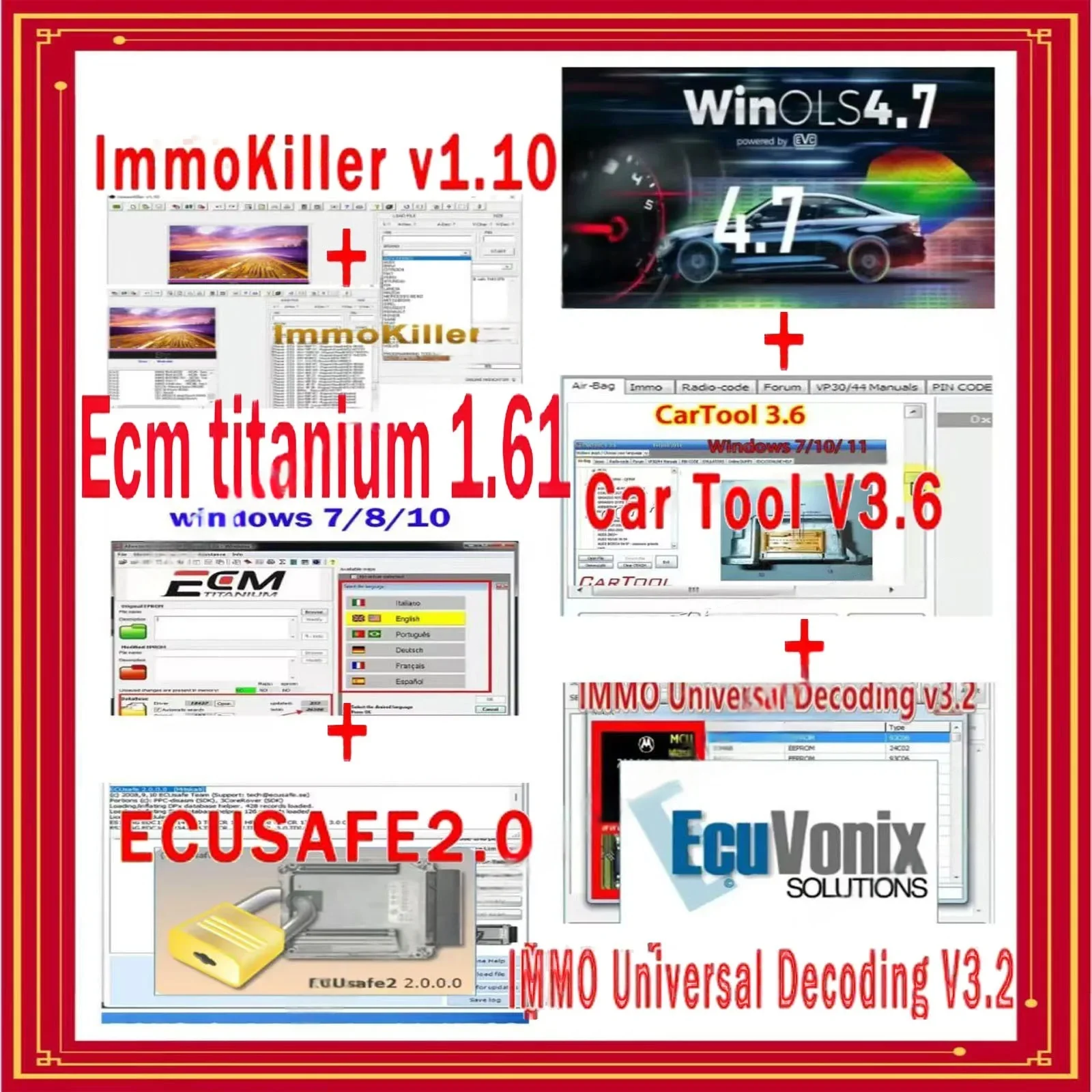 2025hot ECUsafe 2.0 Car Tool Clear Airbag Immo off IMMO Killer V1.1 IMMO Universal Decoding V3.2 Winols 4.7 ECM Titanium 1.61