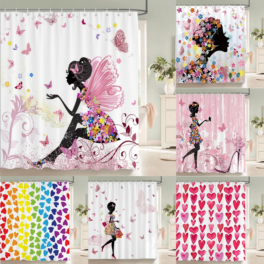 

Flower Butterfly Girl Shower Curtain Waterproof Bathroom lovely Woman Fairy Shower Curtain Polyester Cloth Home Decor Hook